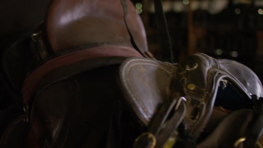 A leather horse saddle with straps in a room