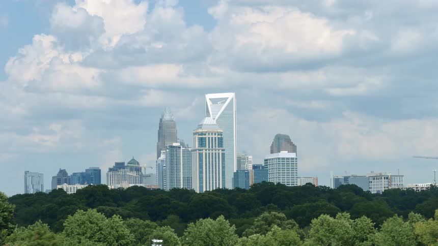 Buildings in city skyline surrounded by green trees appear blue and silver under cloudy sky