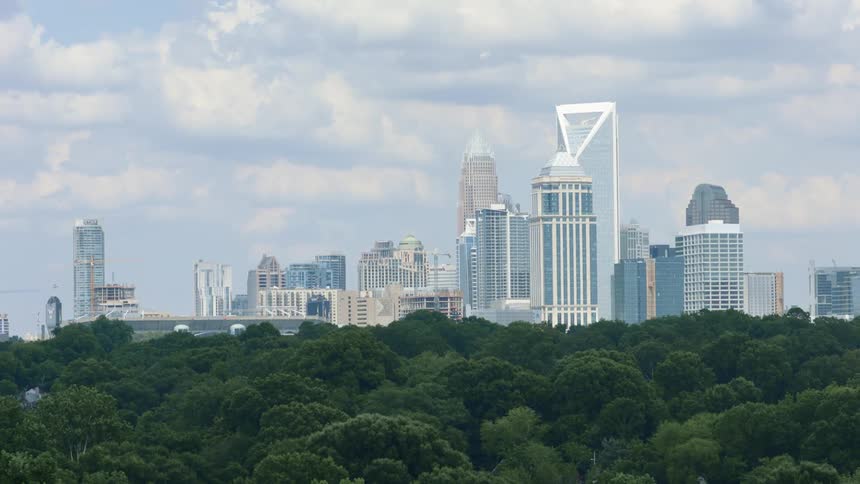 A city skyline is displayed in spring during the day
