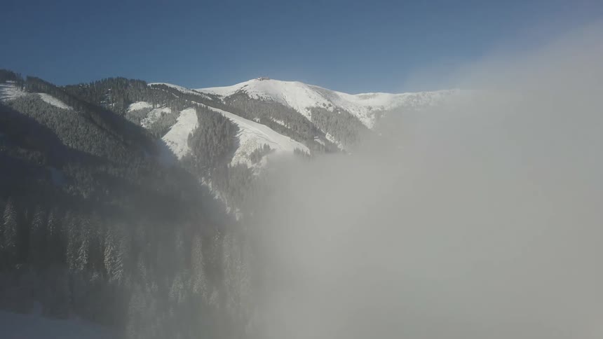 Snow covered mountains and pine trees seen through fog