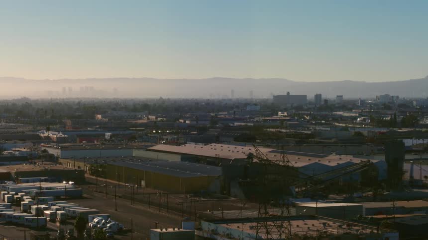 An aerial view of an industrial area in a town