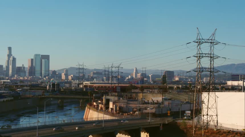 Panoramic cityscape view of the skyscrapers in the downtown skyline at evening
