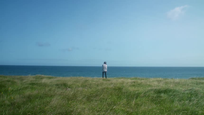 Person is standing on the grass looking at the lake as wind ripples their shirt