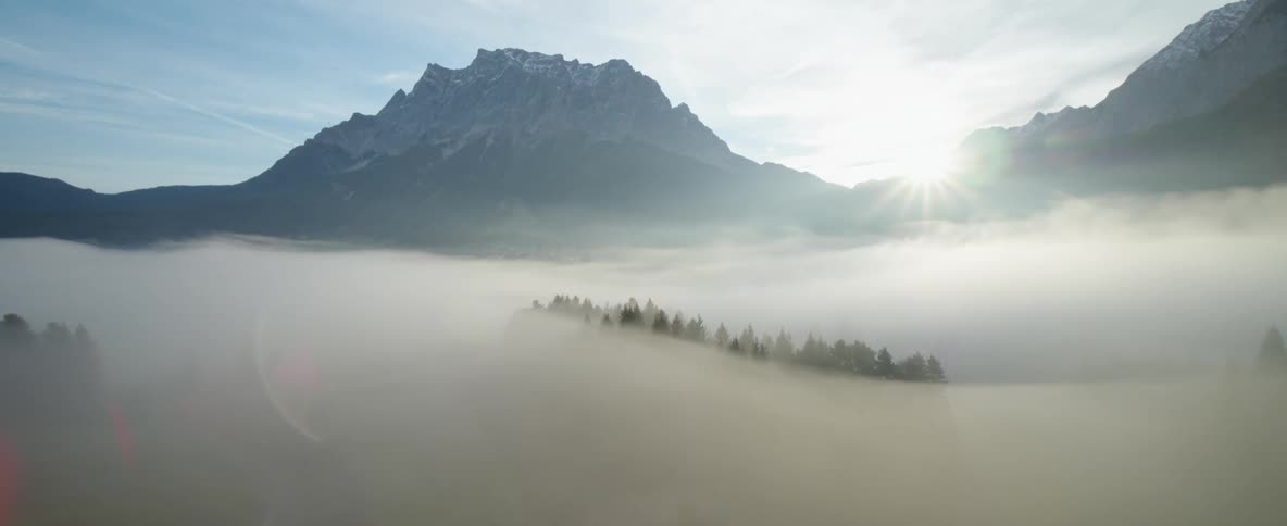 A snow covered mountain stands tall above a thick layer of fog thats enveloping the surround forest