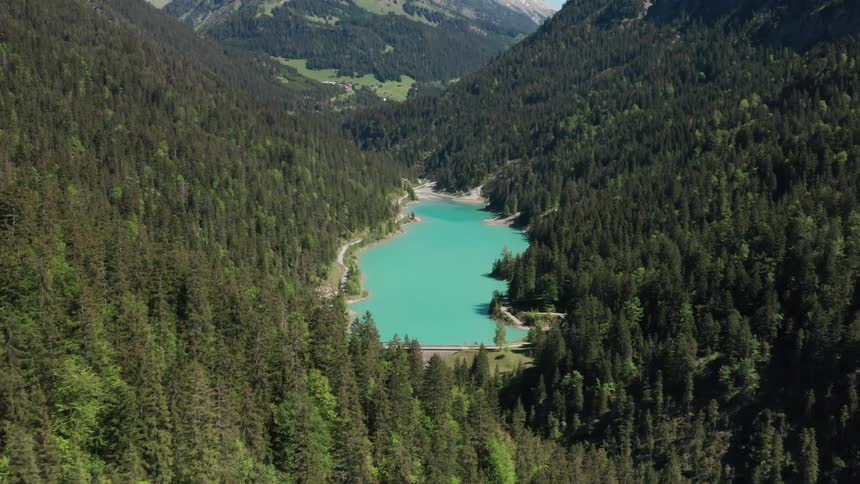 Water reservoir created by a dam surrounded by pine tree forests in a narrow valley between the mountains