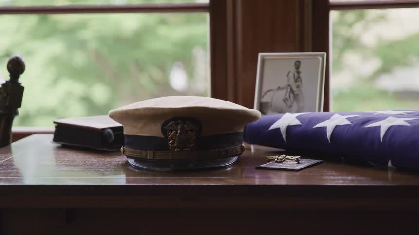 A view of hat and flag sitting on a table
