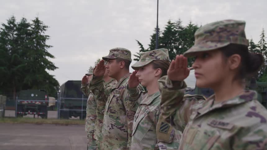 Soldiers stand in line and salute