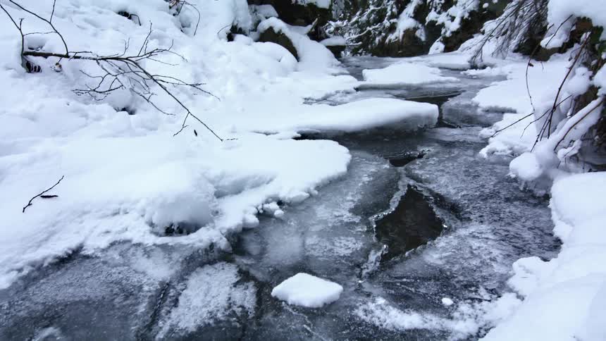 A river flowing below ice on top of it