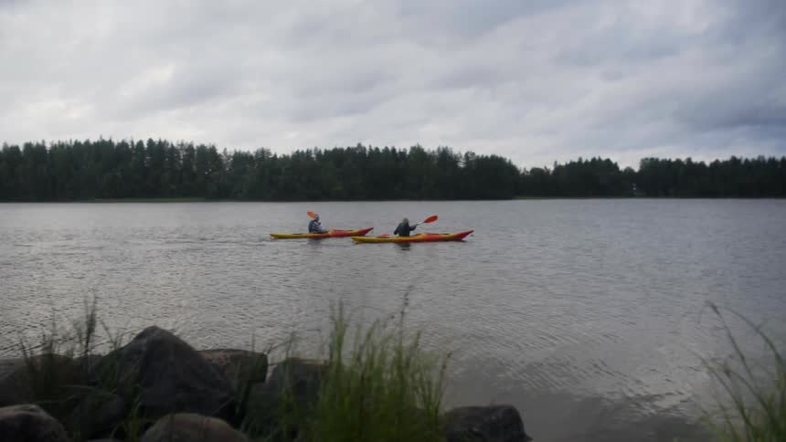 Two kayakers paddle past a shore