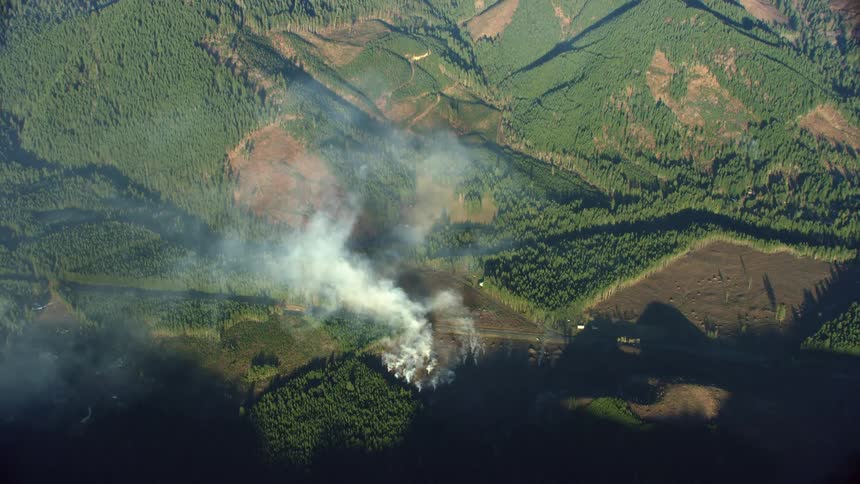 A high above aerial showing slash piles at a clear cut logging site burning under a clear sunny sky and vast forest below