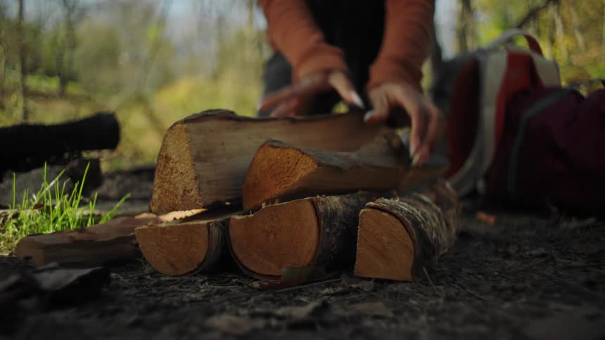 Pile of logs being placed on dirt for a camp fire in the woods