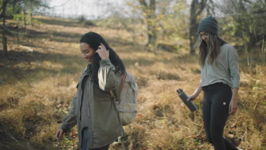 Female friends hiking across a creek in the woods