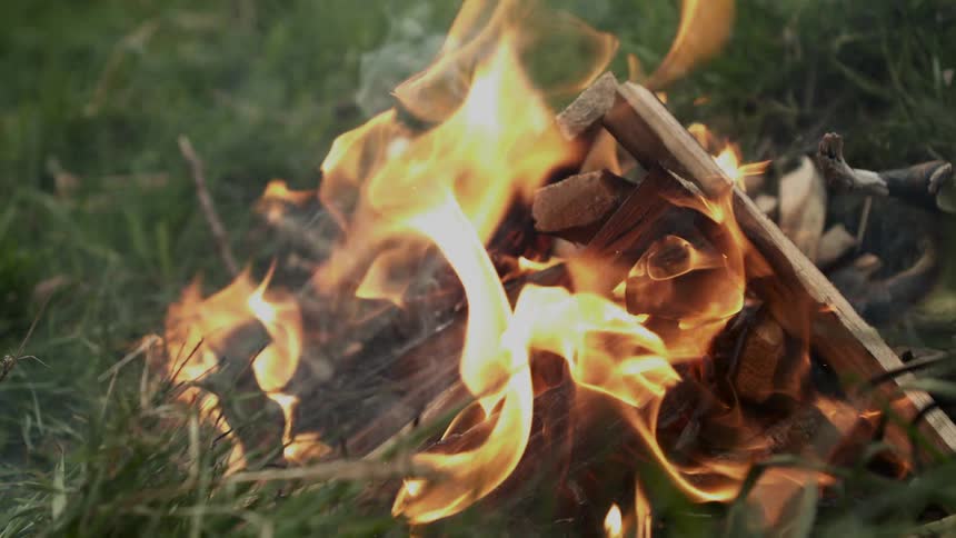 Wood in some grass is on fire