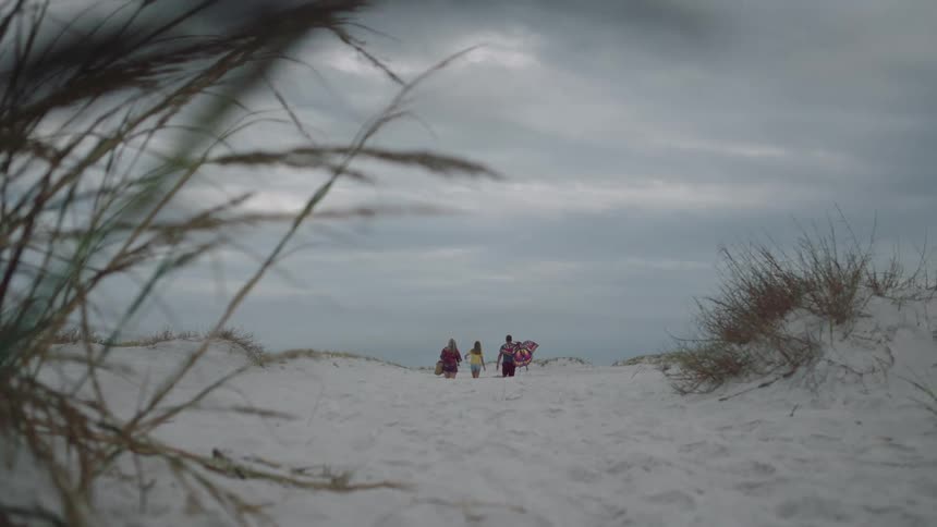 Dad carries a large butterfly kite while walking with his daughter and wife on the sand on a cloudy day