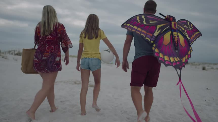 A family carrying a butterfly kite walking over the white sand of a beach