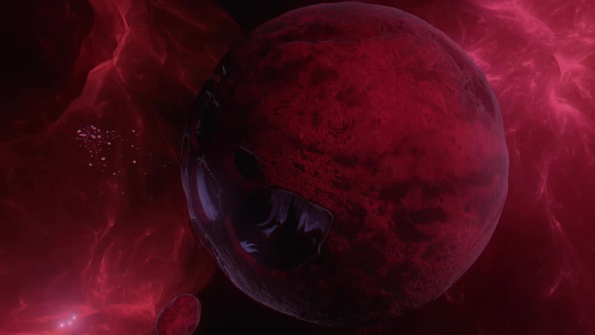 An alien planet floating in red space