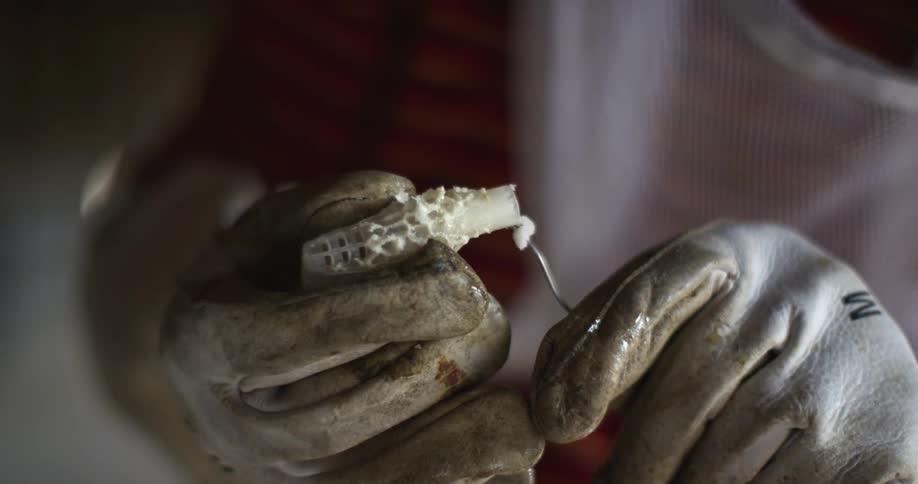 A person digs in a piece of coral with a piece of metal