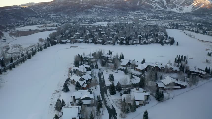 The town is covered with snow
