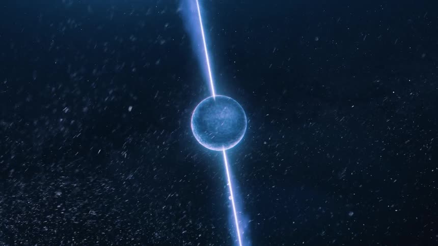 A rapidly rotating neutron star is floating in space and emitting particles