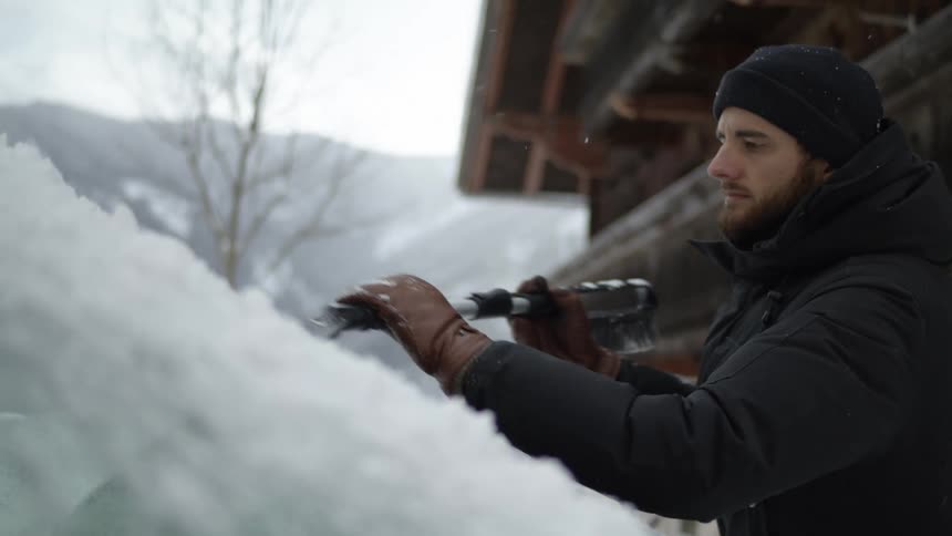 A man scraping ice from a car windshield in a winter storm