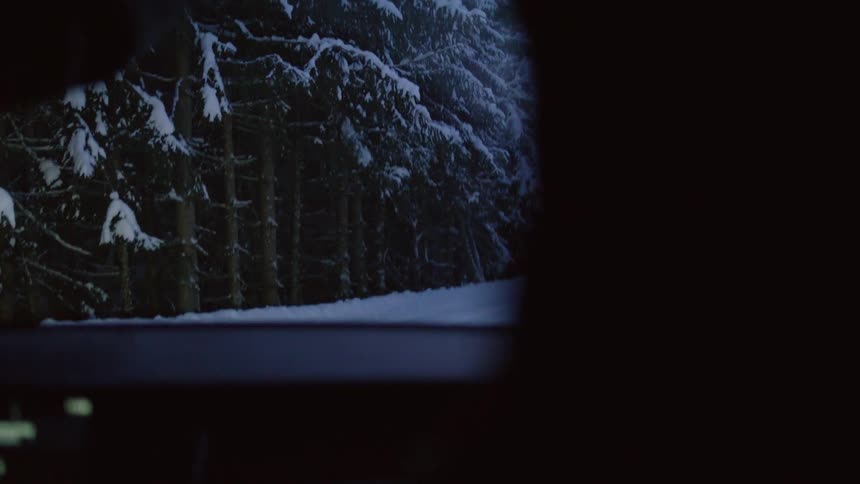 A vehicle driving on a snow covered road through a pine tree forest