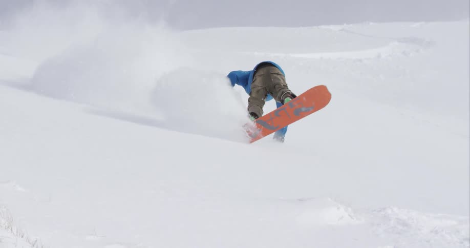 A man performing tricks as he snowboards