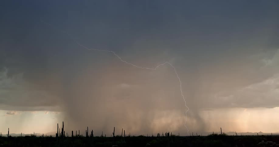 Lighting bolt from storm cloud branches out and hits the ground