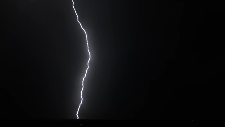 Lightning flashes through the black sky then strikes land