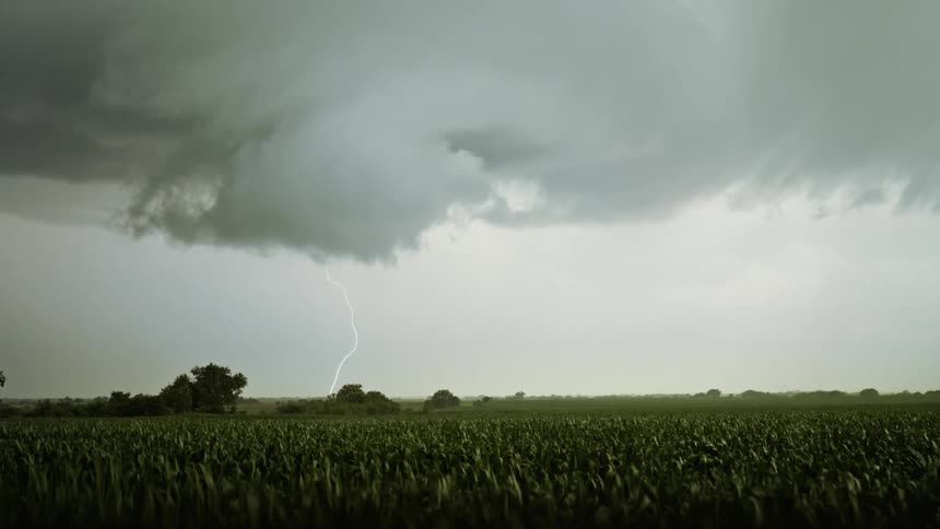 Lightning bolt flashes from storm cloud and hits the ground