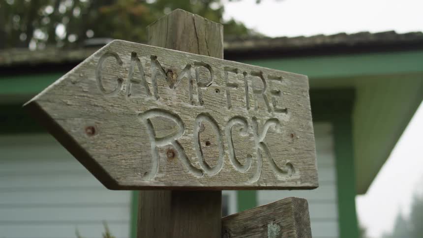 Wooden sign on a post leading to a camp site outdoors at daytime