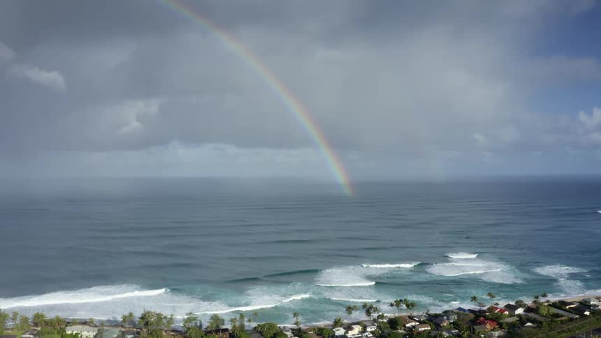 A view of a rainbow over the ocean