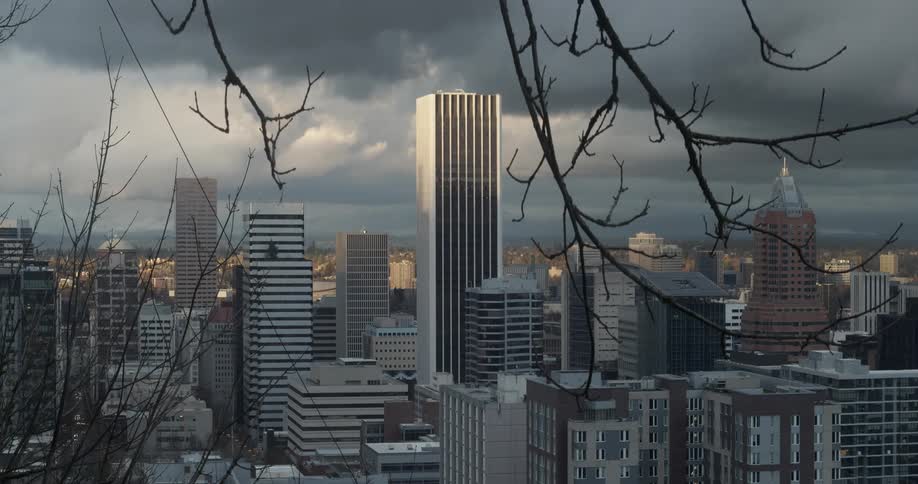 Aerial view of tall buildings on a cloudy day