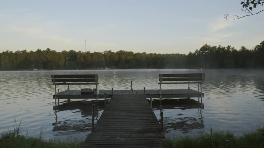 Water laps on a shore and boat dock in a lake