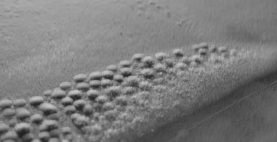 Water drops covered in a fine white dust vibrating over a surface