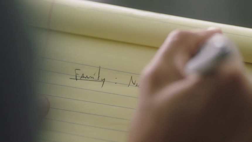 A hand holds a pen and starts writing a list in a yellow legal pad