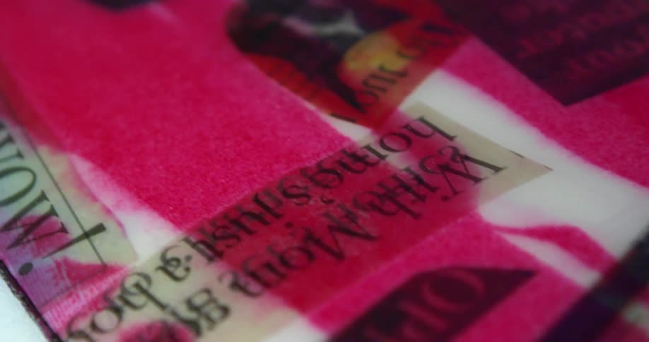 News paper cut outs pasted on a surface painted over with pink and blue paints
