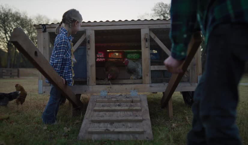 A boy and a girl releasing chickens from a chicken coop with trees the sky and clouds in the background