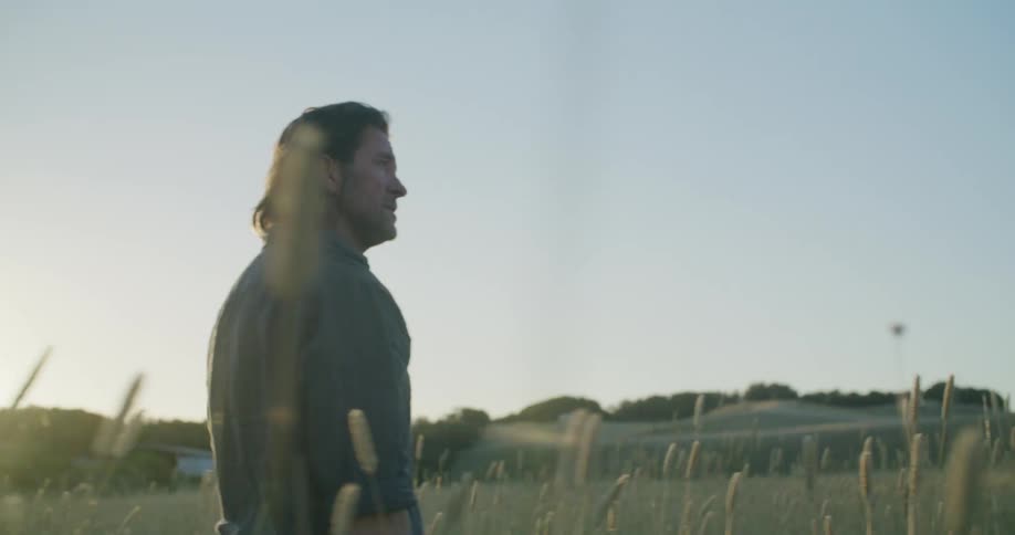 A man walking alone in a rural grassy field at sunrise