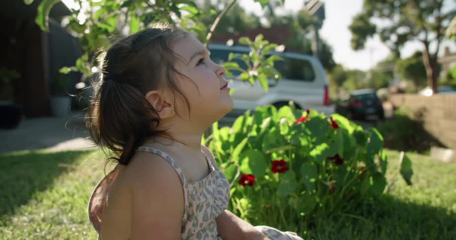 An infant sits on the front lawn of a house