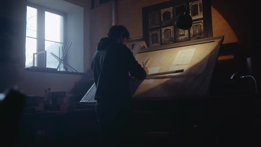 Person stands at desk drawing something using a ruler