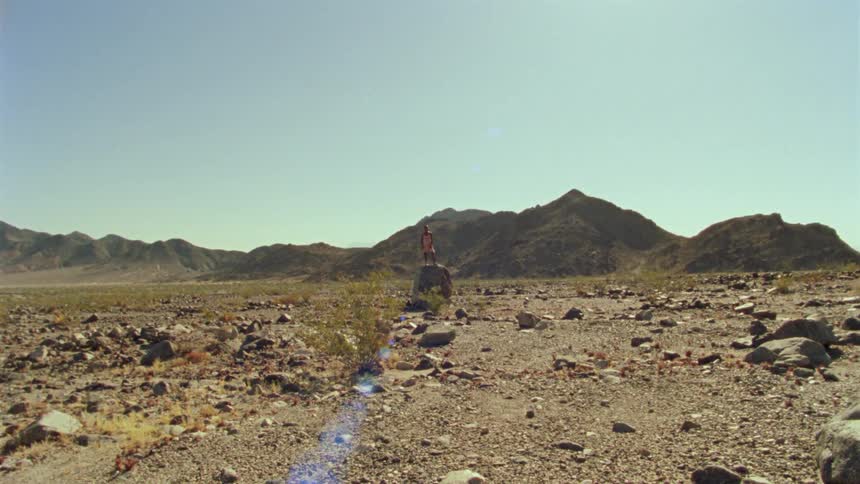 A young woman stands atop a boulder in a flatland during the day