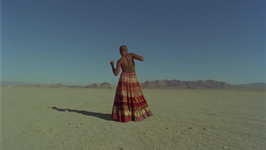 A woman in a long dress dances in the desert with her back facing the camera under a clear blue sky