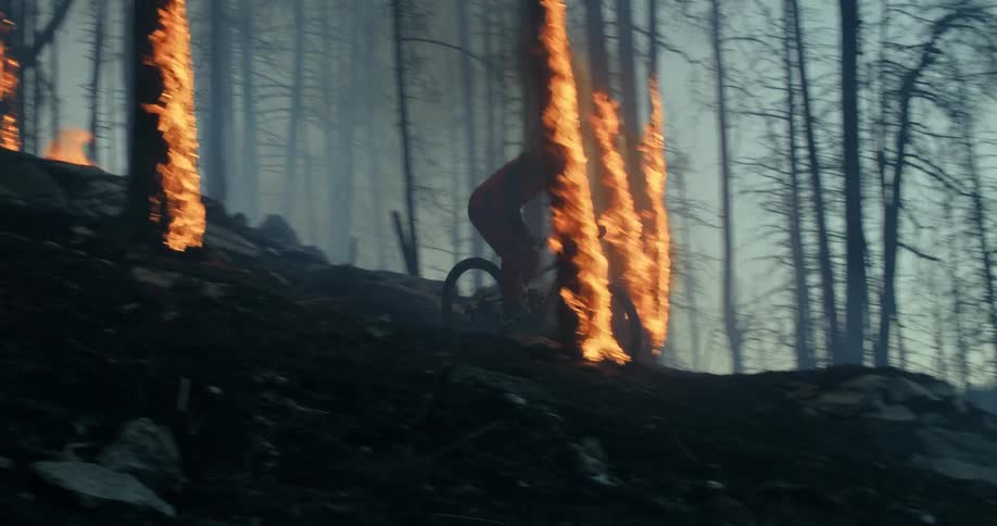 A man rides his bicycle down a slope in a forest as trees burn around him