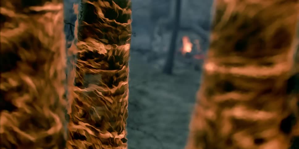 A person on a mountain bike rides through a burning forest with trees in flames