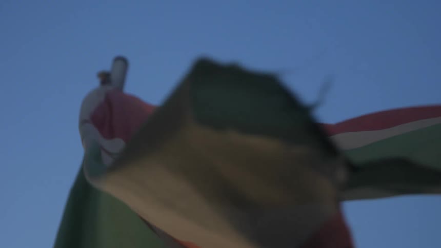 A raised flag blowing in the air