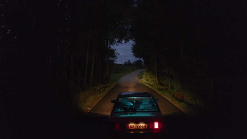 Car drives along road through darkness created by thick trees