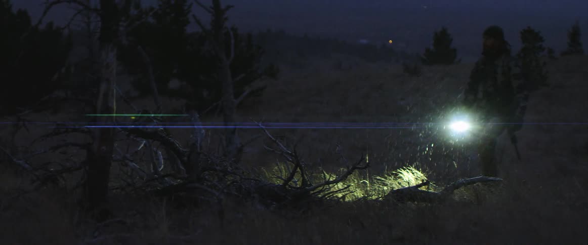 A man with a flashlight and a rifle walking on a grassy plain with trees the sky and clouds in the background