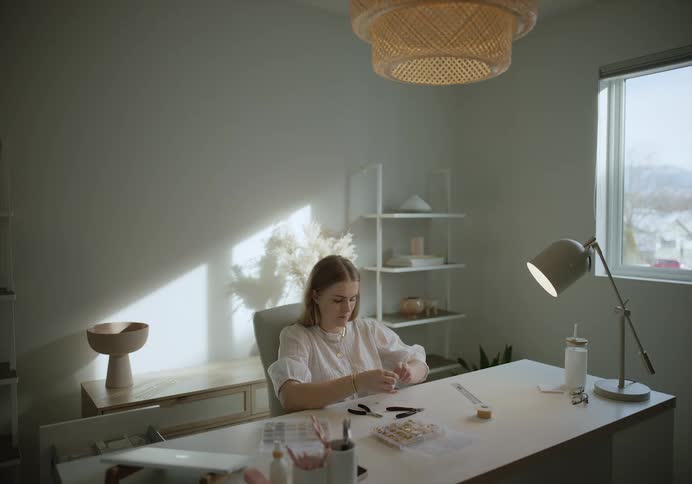 Woman sitting in a table hand crafting jewlery accessories in a room
