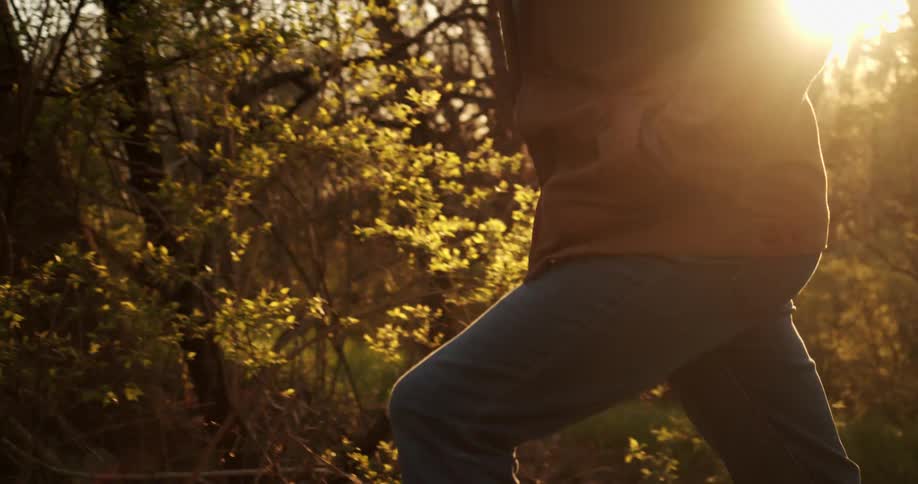 Man walks over fallen leaves past bushes in woods toward buildings under bright sun