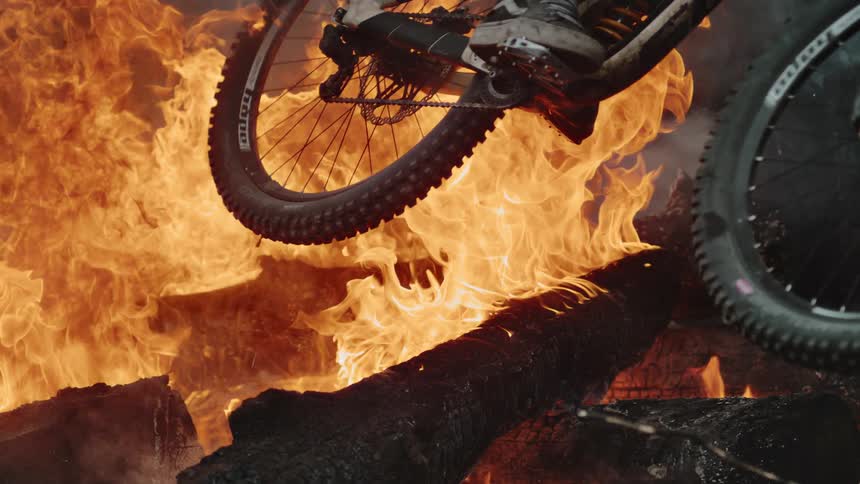 Bicycle rides through the flames of a forest fire